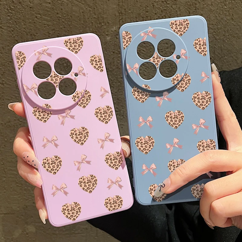 Leopard Print Hearts Bow Soft Lanyard Phone Case For OnePlus 15 13 13T 12 13R 12R 11R Nord 5 Ace 5 3 2 5G TPU Shockproof Cover