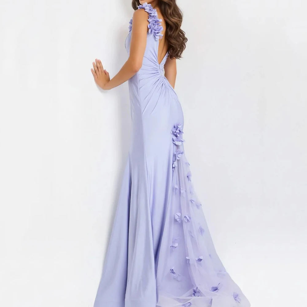 Customized Mermaid Evening Dresses Floor-length V-neck Sleeveless Prom Gown Fashion Flowers Simple Draped Backless Party Gown