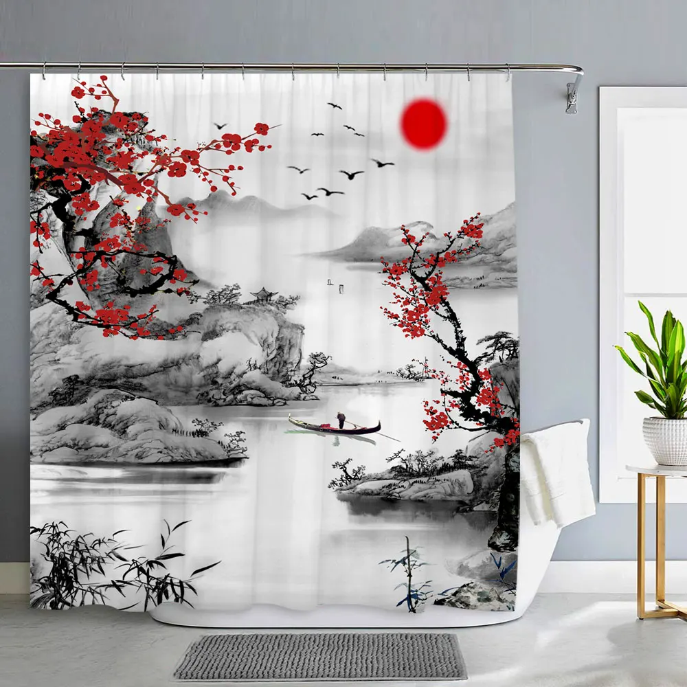 Pink Sakura Flowers Shower Curtains Japanese Cherry Blossoms Trees Floral Rustic Garden Landscape Fabric Print Bathroom Decor