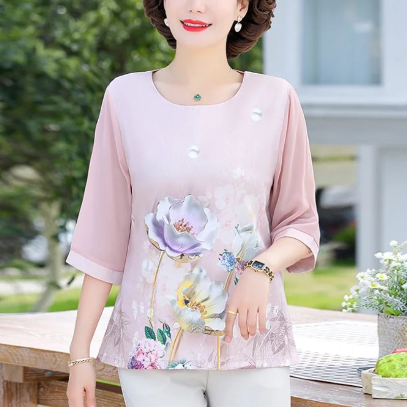 

Mom's Outfit Summer New Round Neck Chiffon Pullover Elegant and Fashion Printed Thin T-shirt Three Quarter Sleeve Versatile Tops