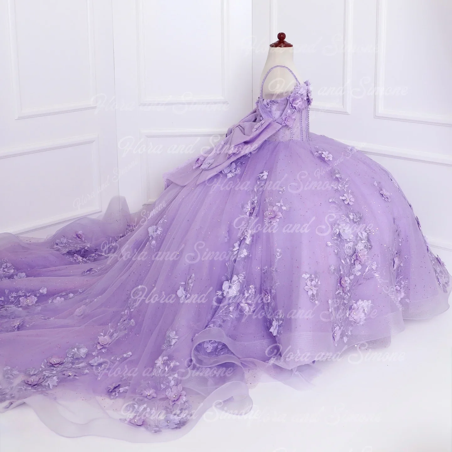 فستان فتاة الزهور الأرجواني ثلاثي الأبعاد لحفلات الزفاف بدون أكتاف لؤلؤ فاخر من التول للأطفال أول فستان حفلة عيد ميلاد إفخارستيا #6