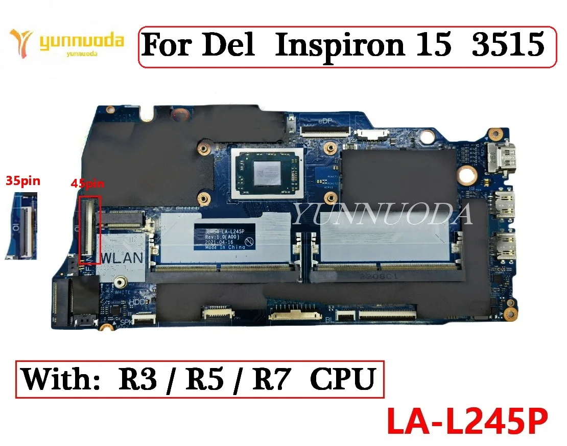 LA-L245P For Dell  Inspiron 15  3515  Laptop Motherboard With R3-3250U R5-3450U R7-3700U  AMD CPU  100% Tested