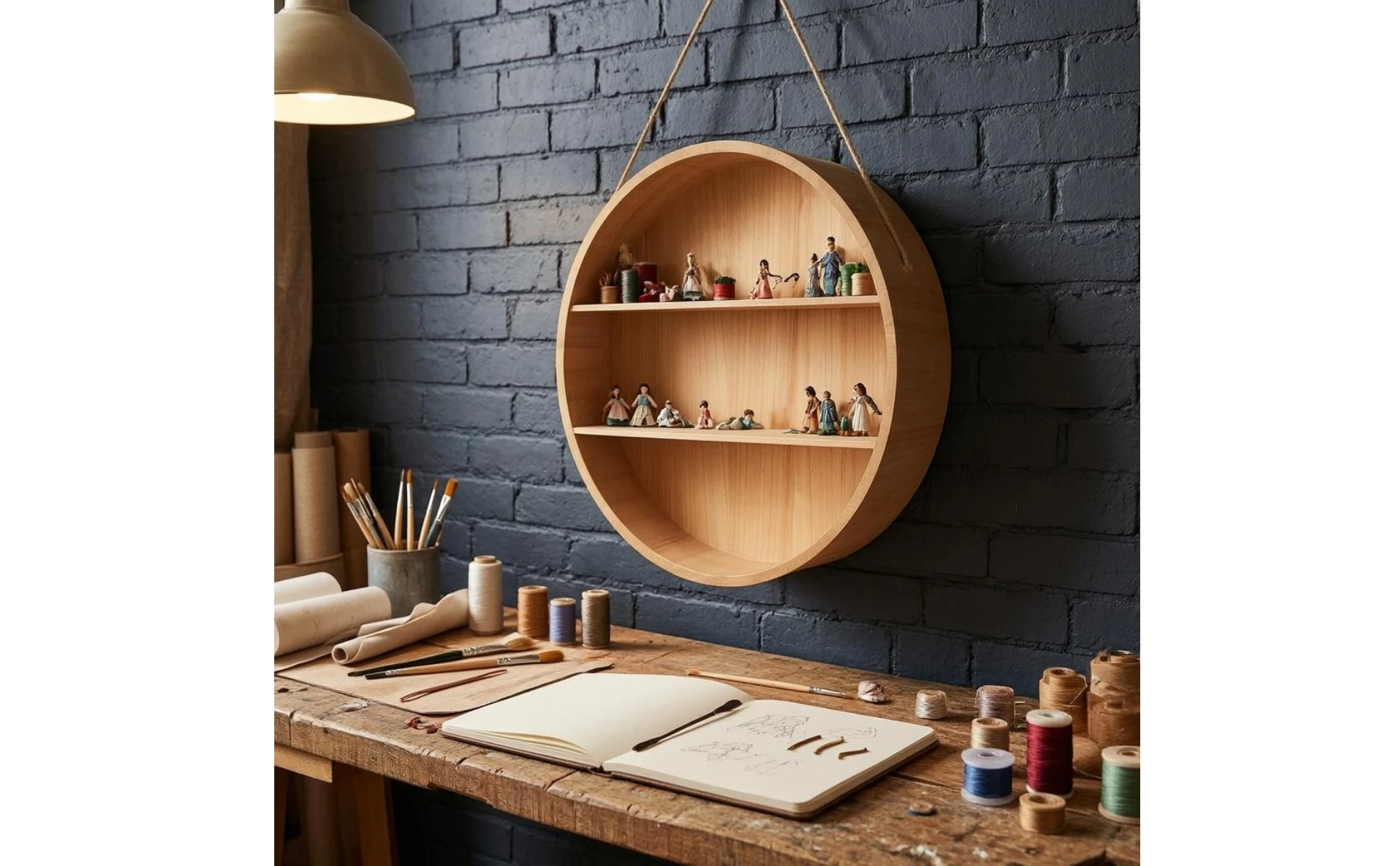 Round floating shelf displayed on a living room wall
