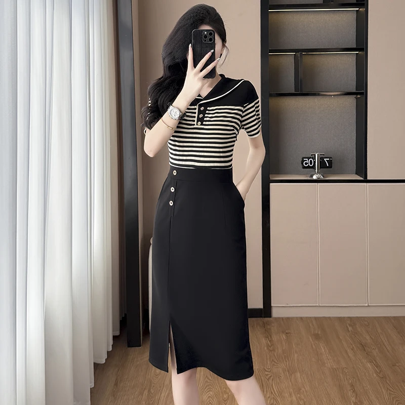 

Новое женское летнее платье 2026 года: облегающее, в полоску, с коротким рукавом, с завышенной талией, повседневное, из смесового хлопка и полиэстера