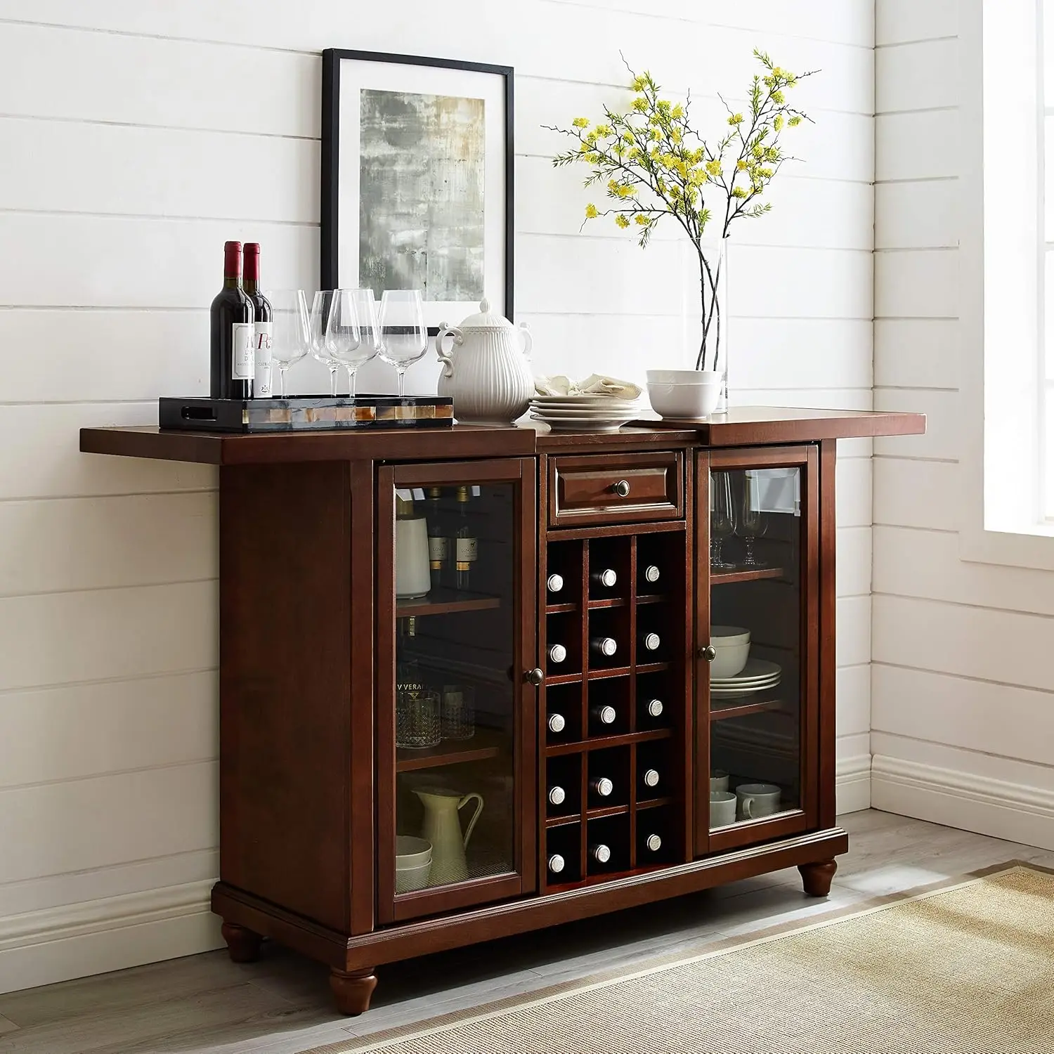 Sliding Top Bar Cabinet with Storage Shelves Drawer and Wine Rack Vintage Mahogany Antique Brass Finish Hardware