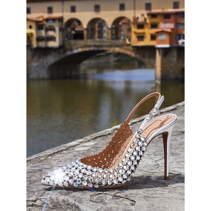 

Water diamond high heels for women, with a buckle and a hook strap, sexy wedding shoes for brides,thin heels,pointed toe sandals
