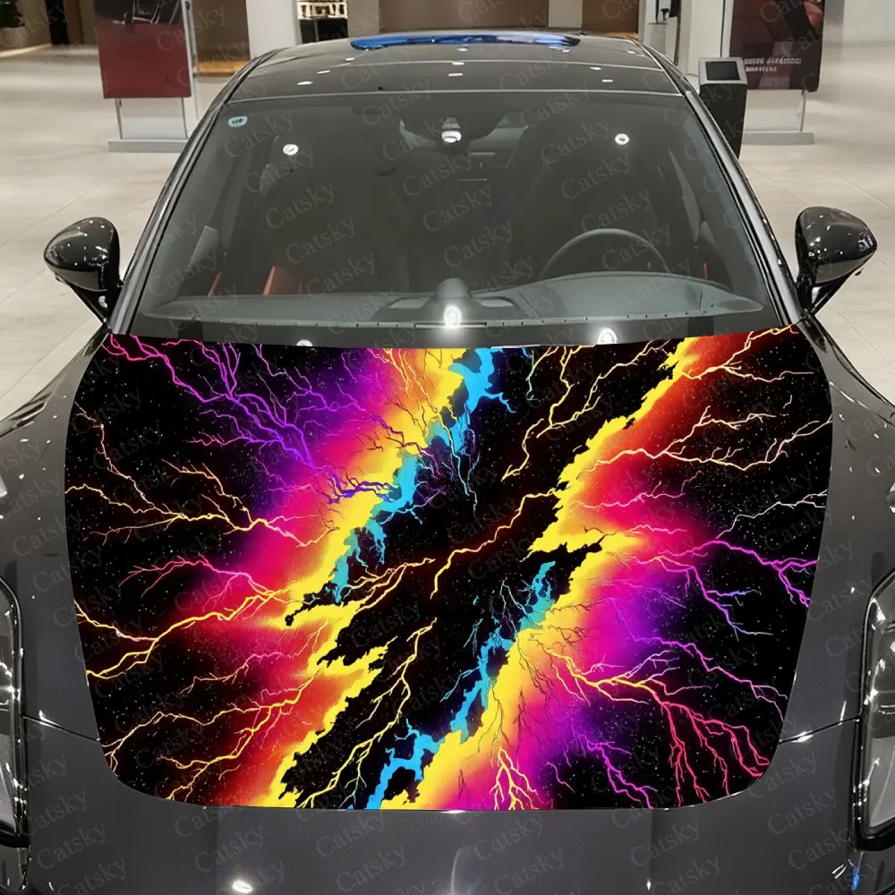 Neon Frenzy Thunder Art Car Vinyl Wrap, PVC Material Waterproof Car Hood Sticker, Self-Adhesive Scratch-Resistant Stickers for E