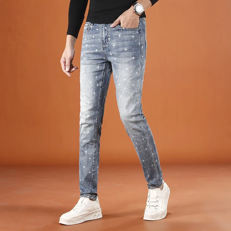 Pantaloni stampati alla moda di fascia alta da uomo2025 Jeans retrò casual elasticizzati alla moda autunno e inverno