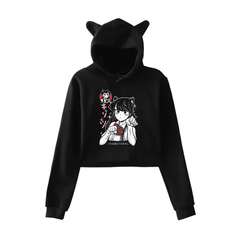 Anime Komi Can't Communicate Cat Ear Hoodie Women Long Sleeve Cropped Sweatshirts Female Casual Streetwear Crop Tops