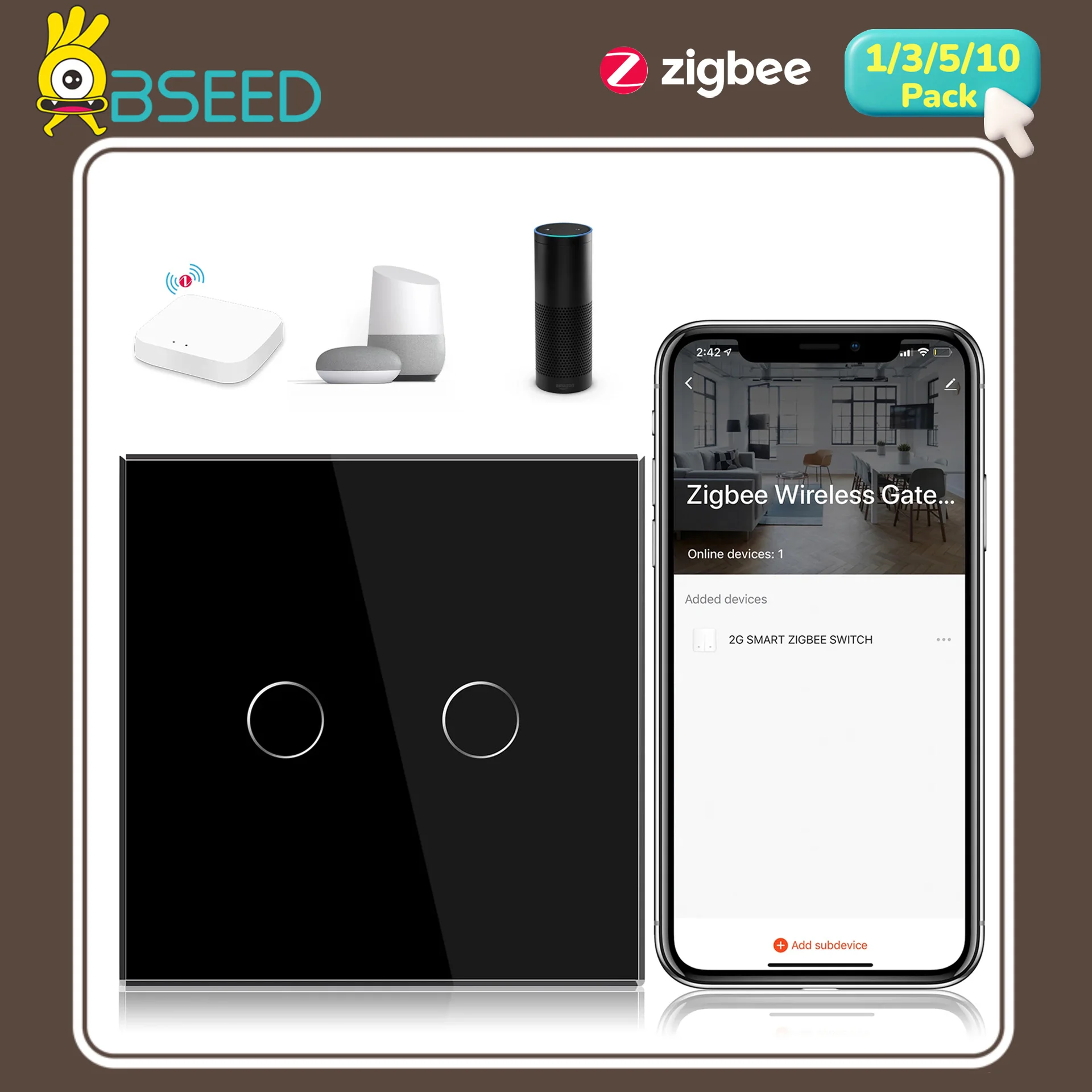 BSEED Touch Zigbee Switches 1/2/3/4Gang Smart Light Switch Wall Stair Switches Tuya Control Smart Life APP Google Alexa Neutral