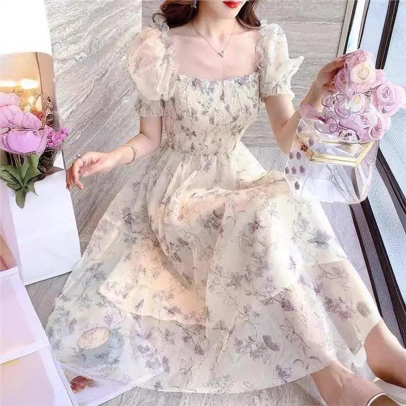 Summer Tea Break Watercolor Painting Slimming Waistline Lady White Chiffon Bubble Sleeve Waist Cinching Dress Women's Fashion