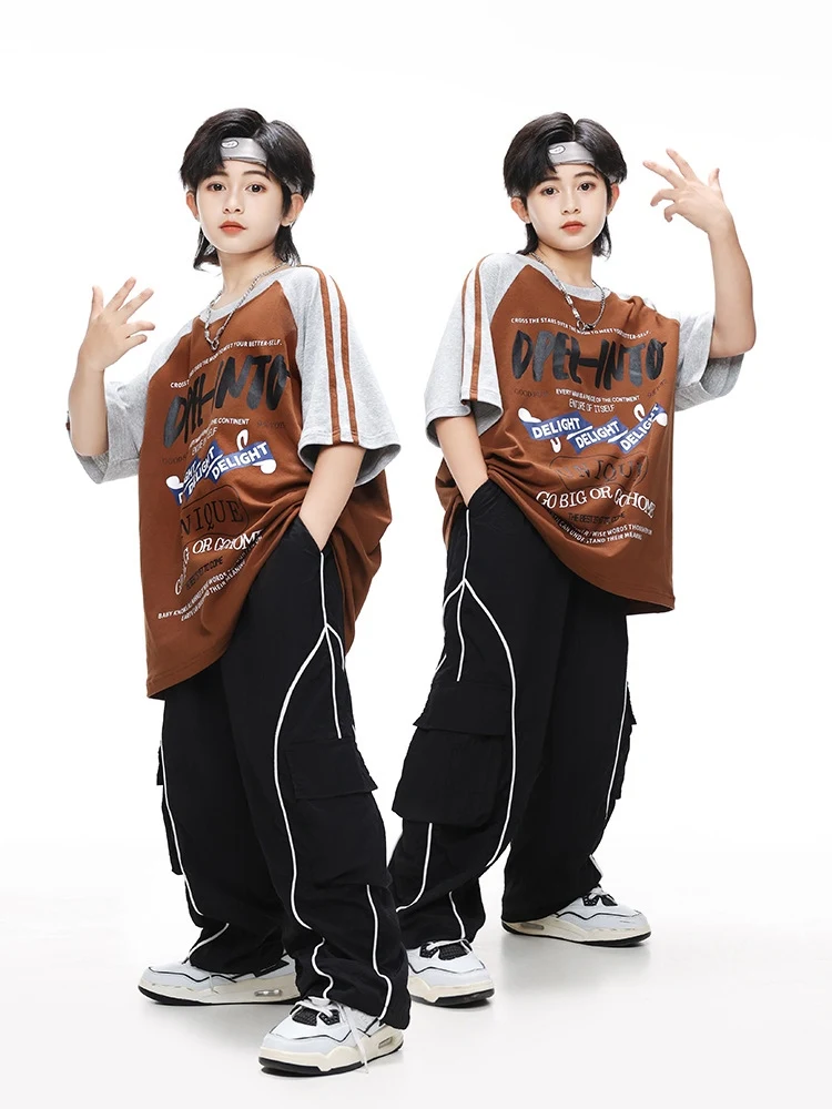 

2024 Children Clothing Loose T-Shirt Cargo Pants Streetwear For Boys Hip Hop Dance Costumes Girls Jazz Stage Outfits DQS17260