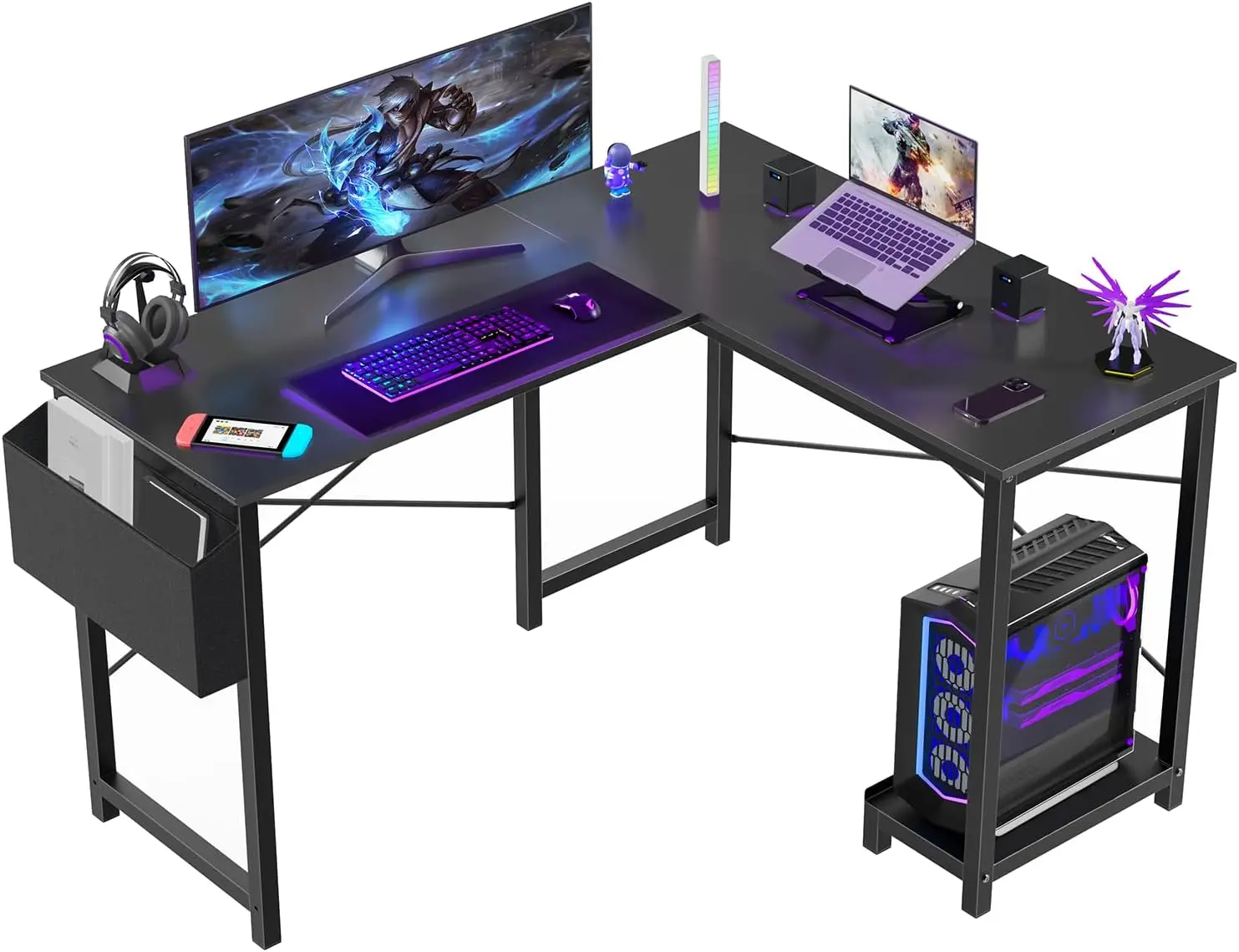 

L-shaped office desk - computer game desk, PC desk with CPU bracket side pocket, suitable for home, office, dormitory