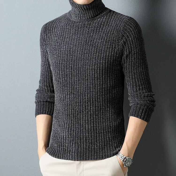 New Men's High Neck Sweater Fashion Casual Stripe Knitted Warm Thickened Sweater Pullover Sweaters