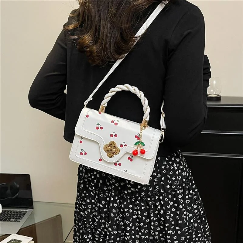 Trendy  Cherry Print Sweet Twisted Single Shoulder Crossbody Handbag Small Square Bag for Women Daily Use Hobo Bag