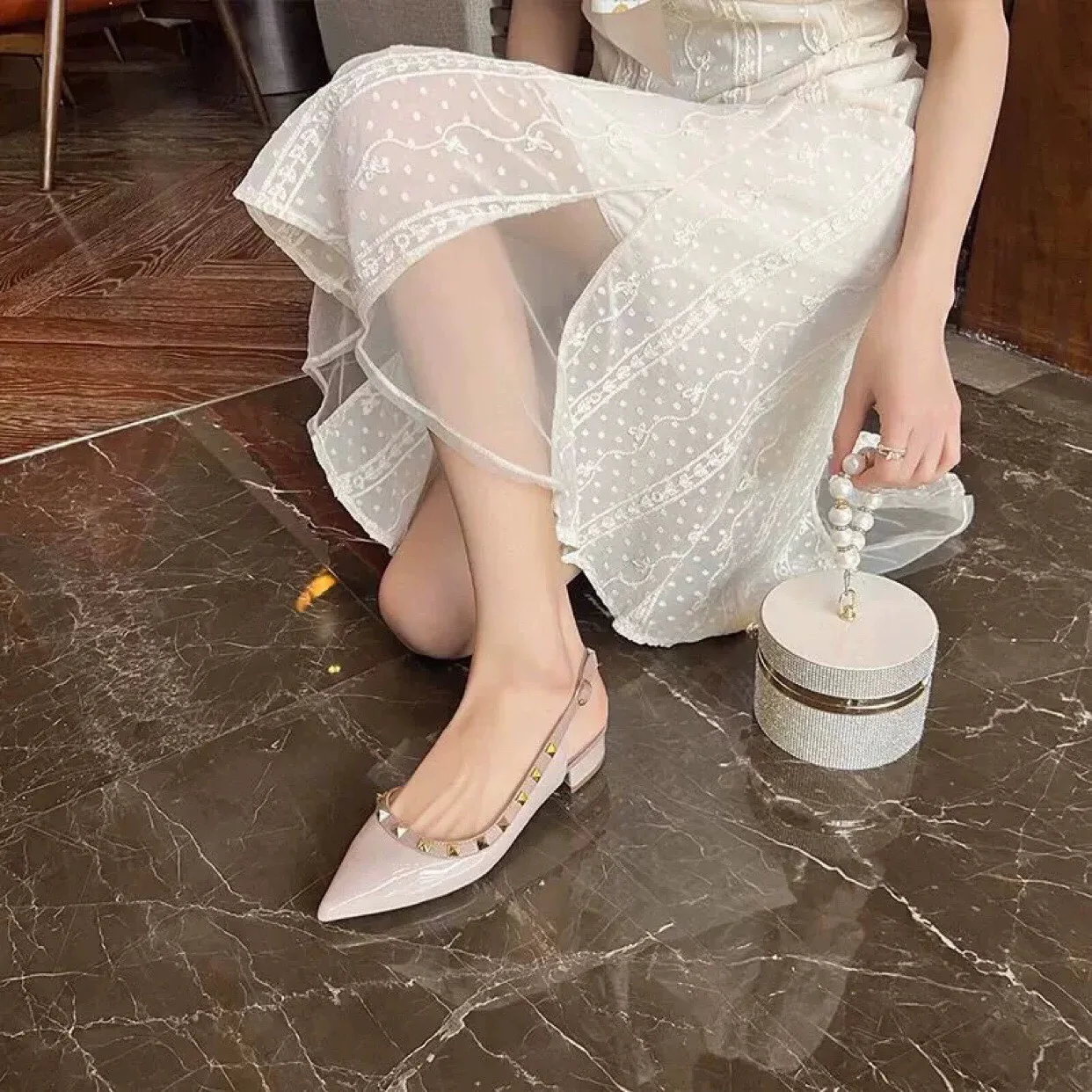 Upgraded Version Nail Leather Low Chunky Heel Backless Slip-On Women's Fashion Sandals Minimalist Style Ultra-Fiber Inner