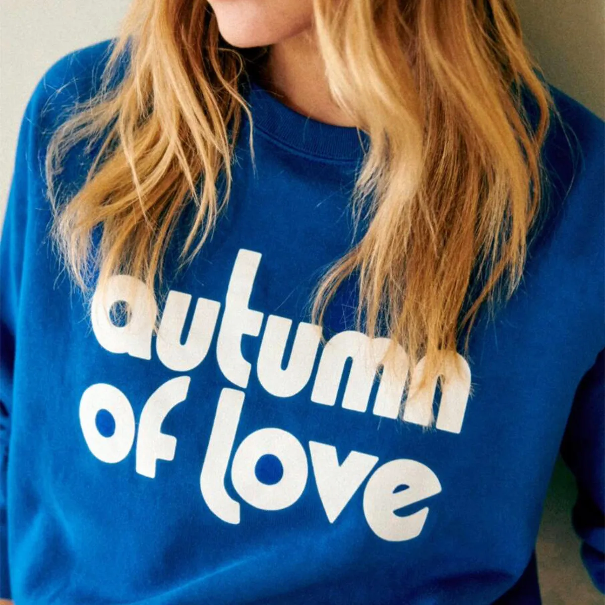 French Retro Autumn Letters Printing Cotton Crewneck Sweatshirts Female Loose Casual Pullover 80's 90s Royal Blue Jumper