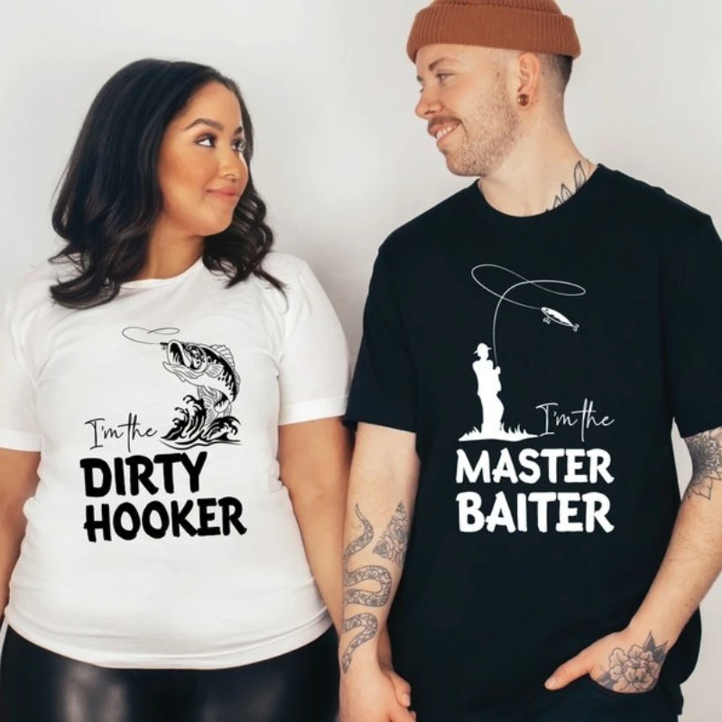 Couples Matching Cotton T-Shirts I'm Dirty Hooker Master Baiter Funny Couples Gift Shirt,  Humorous Wifey and Hubby Streetwear