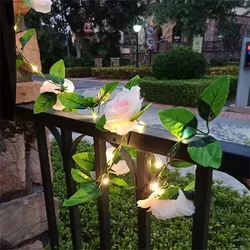 2M 5M 10M Pink Rose Flower String Luzes Artificial Leaf Flower Fairy Light Outdoor Garland Decoração Lamp Garden Wedding Party