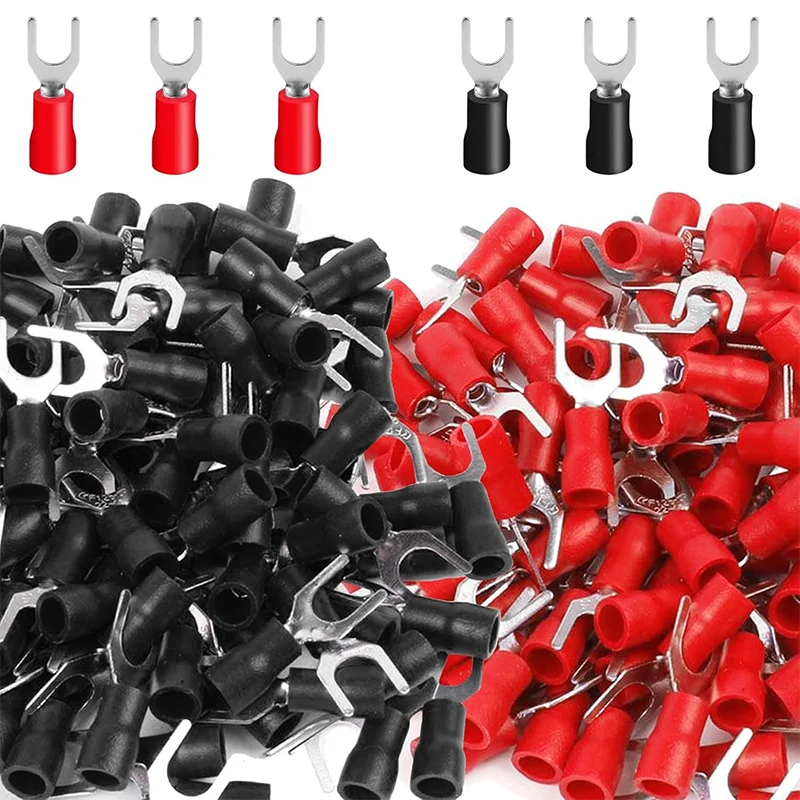 

Insulated Fork Spade Wire Connector, 100Pcs AWG14-12 U Type Electrical Crimp Terminals (50 Pcs Red +50 Pcs Black)