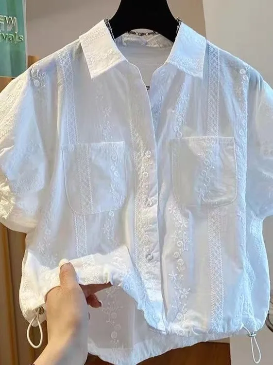 

Loose Short Sleeve Embroidered Bubble Sleeve Shirt Women's Casual Style Summer Fashion plus Size Top Small Shirt Spring Autumn