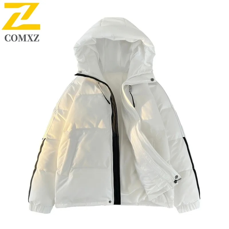 COMXZ ​Men Solid Color Hooded Cotton Jacket American Style  Winter Loose Fit Casual Warm Coat Windproof Thickened Outdoor Parka​