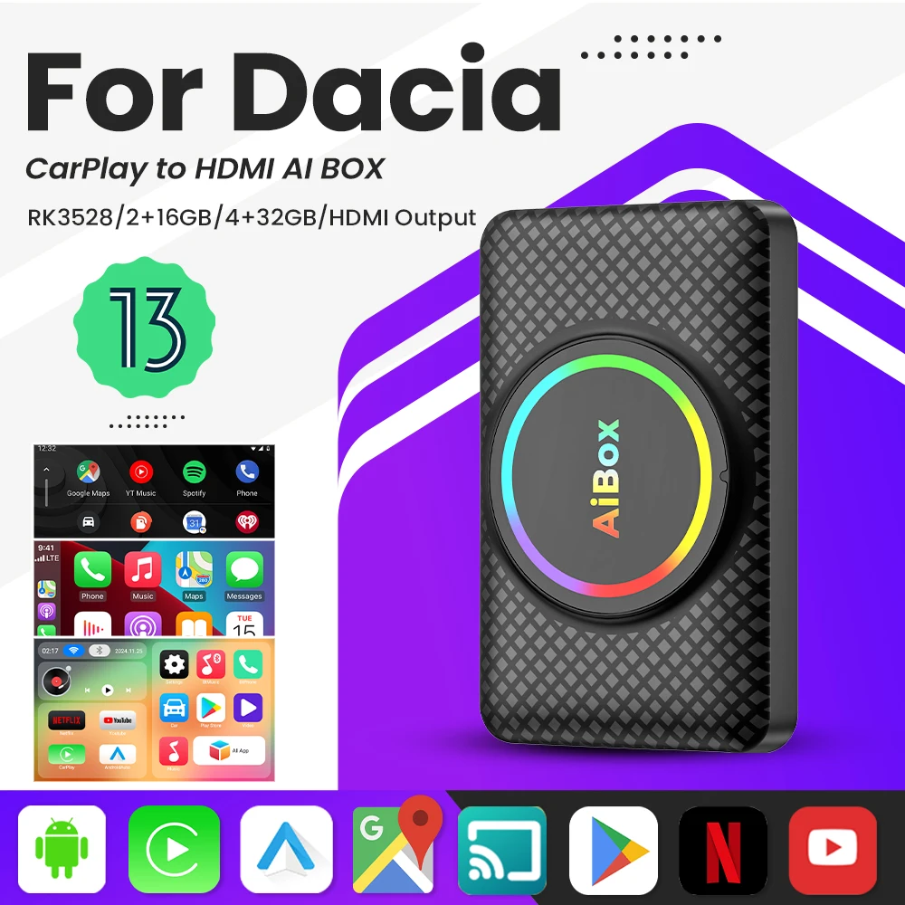 Smart Ai Box Android 13 Wireless Android Auto CarPlay HDMI For Youtube Nexflit TV Box For Dacia Spring Logan Sandero Duster