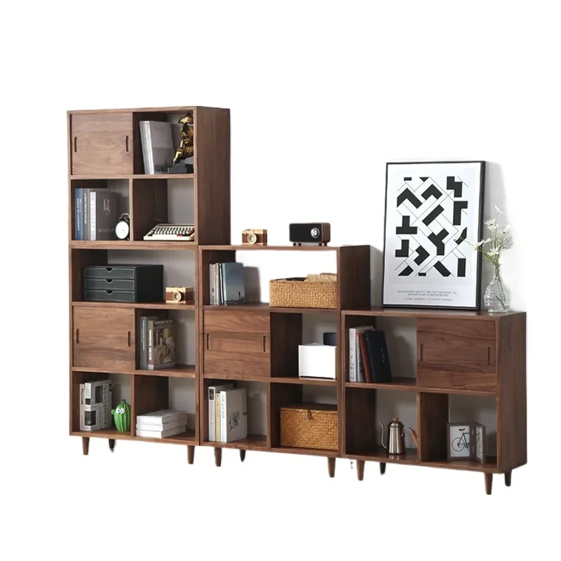 

Black walnut all solid wood shelf bookcase modern simple study storage floor shelf storage side cabinet