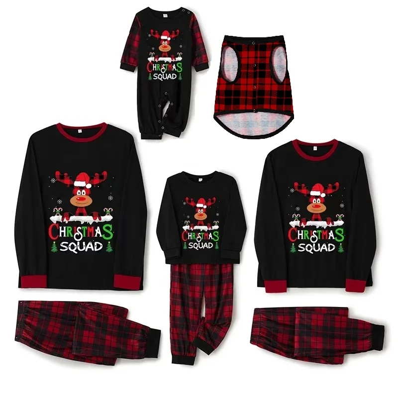 2024 Cute Deer Christmas Family Matching Pajamas Sets Daddy Mommy and Me Pjs Clothes Plaid Father Mother Kids Baby Dog Nightwear