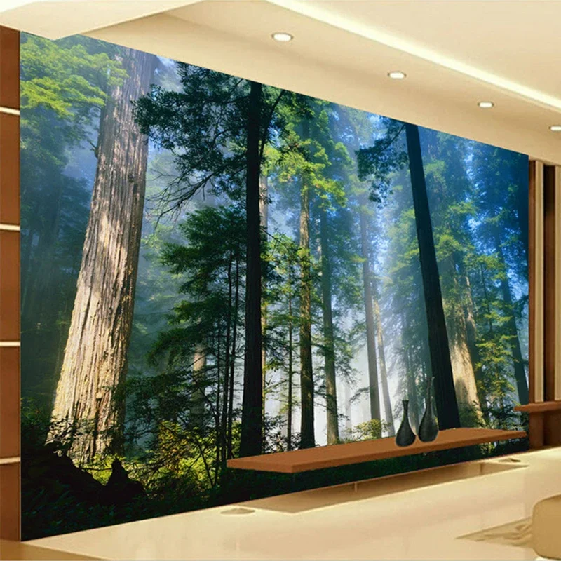 Custom 3D Wall Murals Wallpaper Nature Fog Towering Trees Forest Sunshine Photo Wall Paper Living Room Mural Papel De Parede 3D