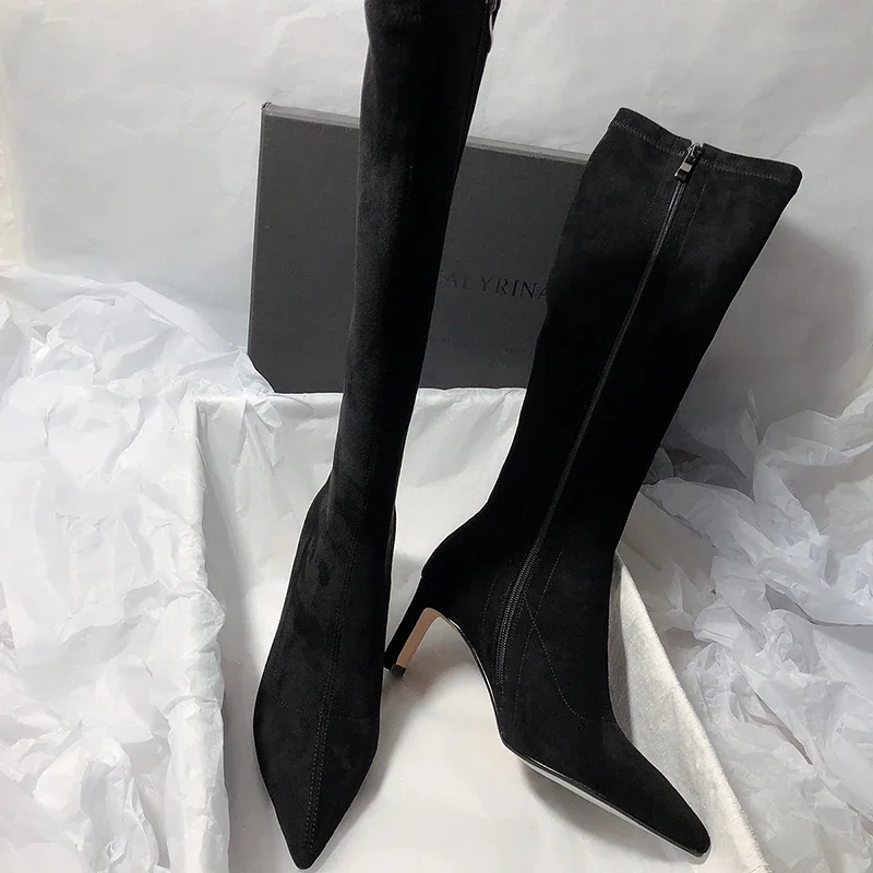 Pointed Toe Women Sock Knee High Boots Fashion Zippers Slim Long Booties Square Heel Autumn Winter Ladies Shoes