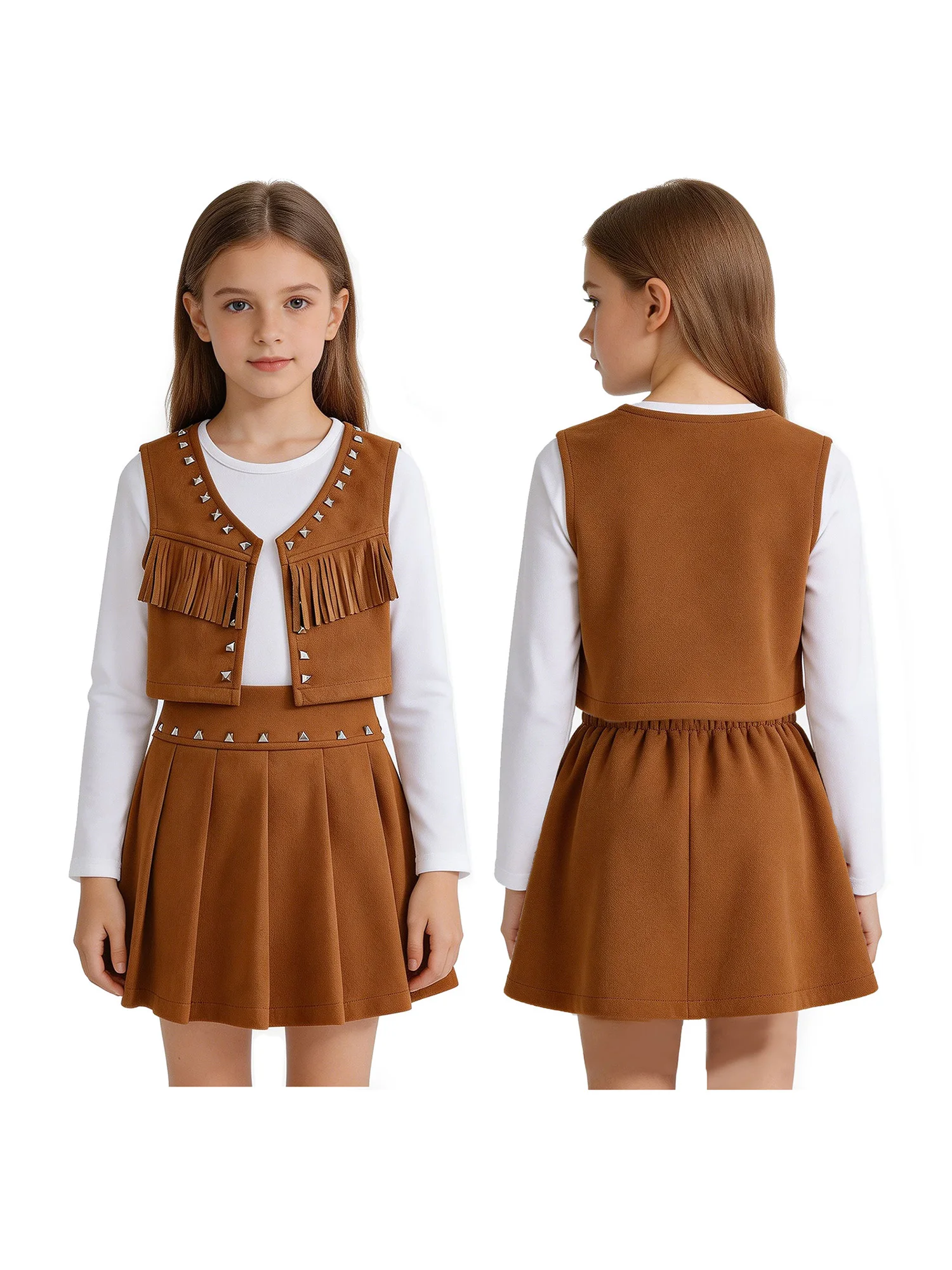 

Children Cowgirl Role Play Set 3 Piece Suede Long Sleeve Top Fringe Vest and Pleated Skirt for Western Cosplay Theme Party