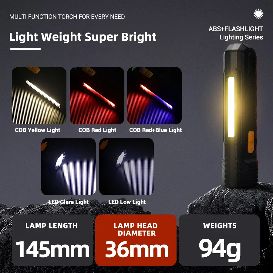 LED COB Light Source Flashlight Lightweight Torch With Power Indicator Rechargeable Red Blue Warning Light Portable Pocket Light