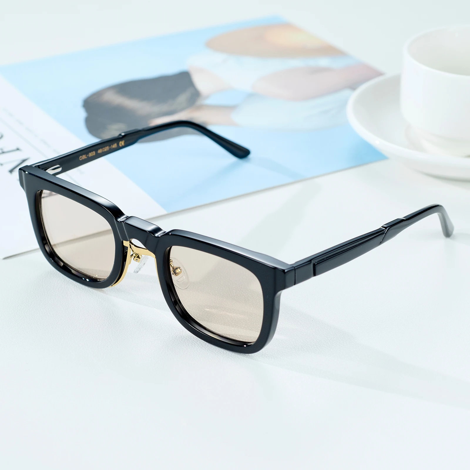 OBLVLO Luxury Black Acetate Fiber Frame Sunglasses 400UV Protection Square Brown Lens Unisex Fashion Sun Glasses