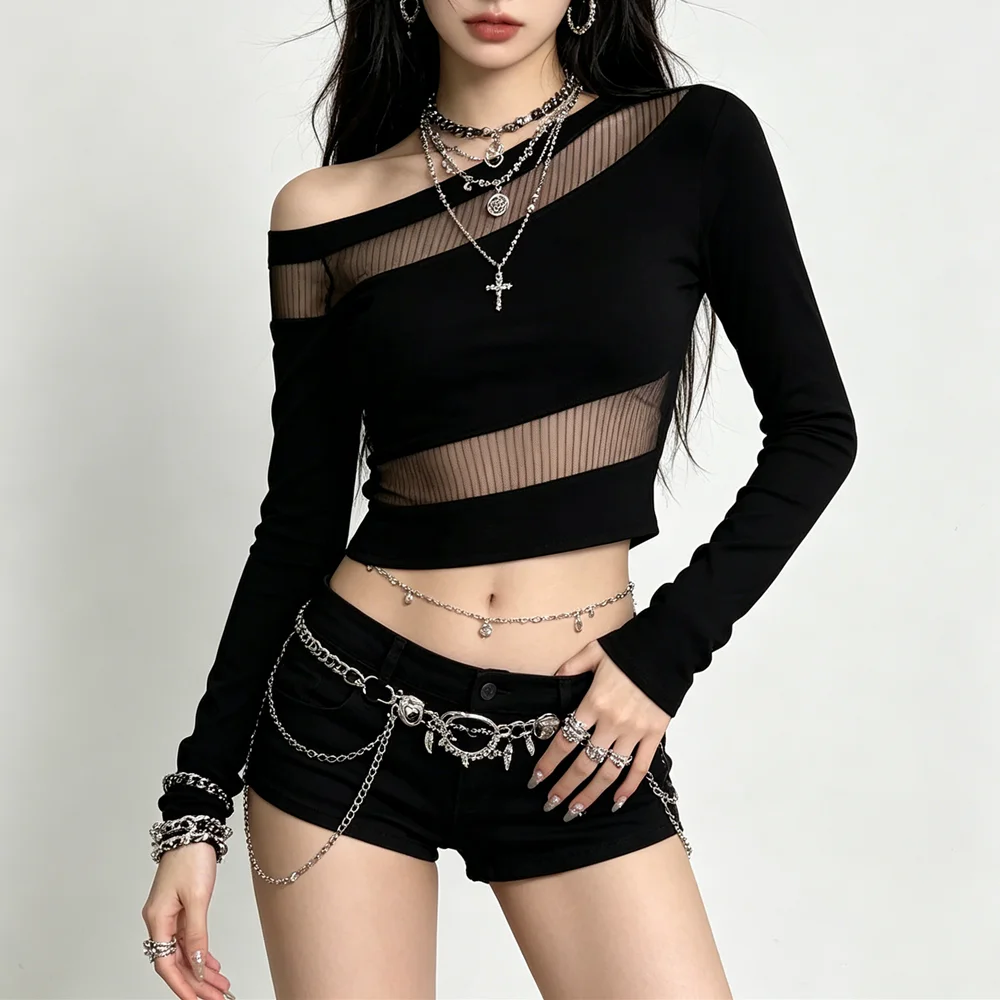 2026 Summer Sexy Perspective Mesh Skew Collar T Shirt Women Long Sleeves  Y2K Bottoming Tee Shirt Street Fashion Slim T-shirt
