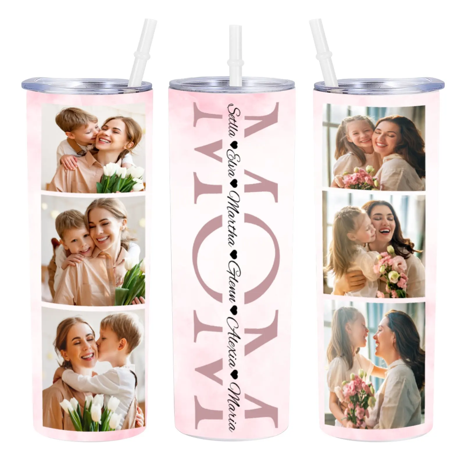 Custom Mom Photo Tumbler With Lid and Straw Personalized Mother's Day 20oz Insulated Cup for Mommy Grandma Travel Skinny Cups