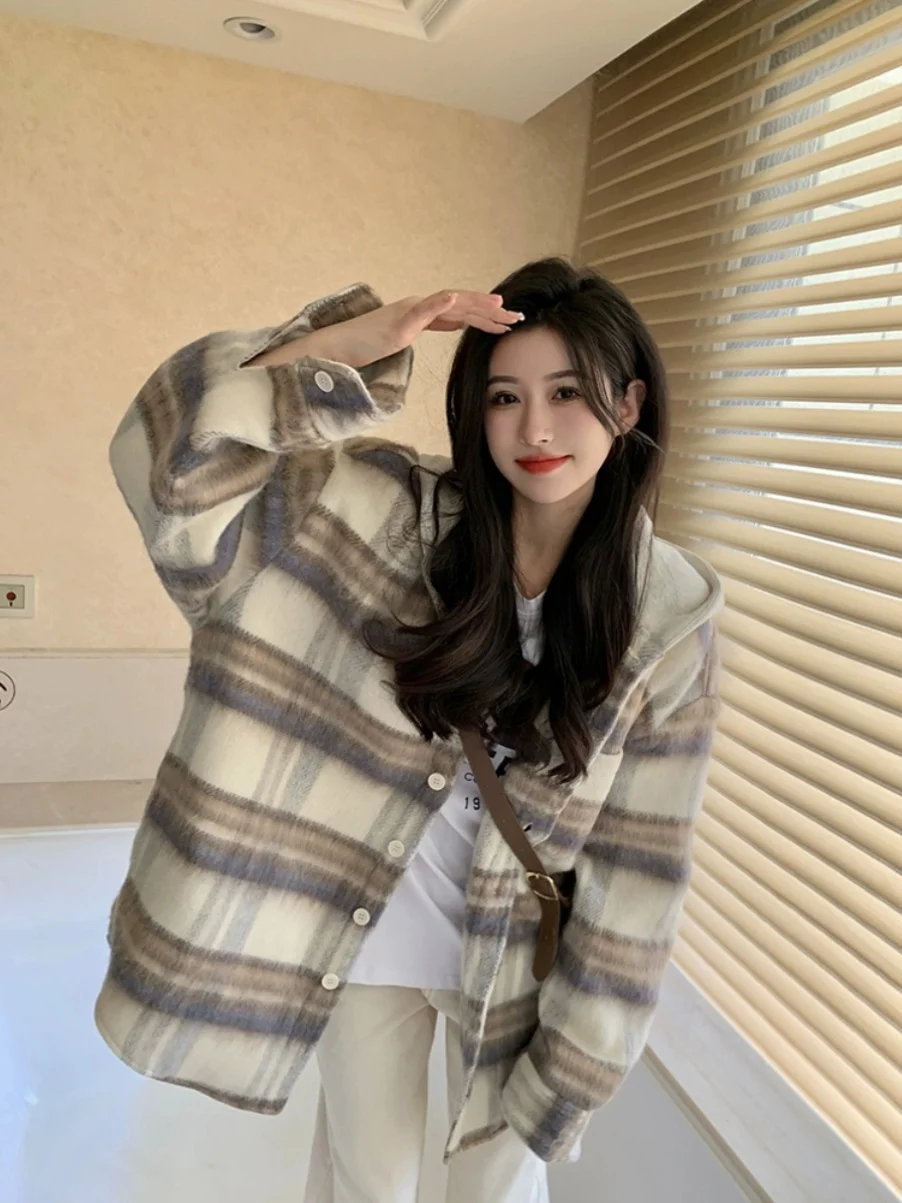 Cárdigan Abierto con Capucha a Cuadros Hoado para Mujer de Talla ande, Ropa de Abrigo Cálida de Otoño, Estilo Informal pa...