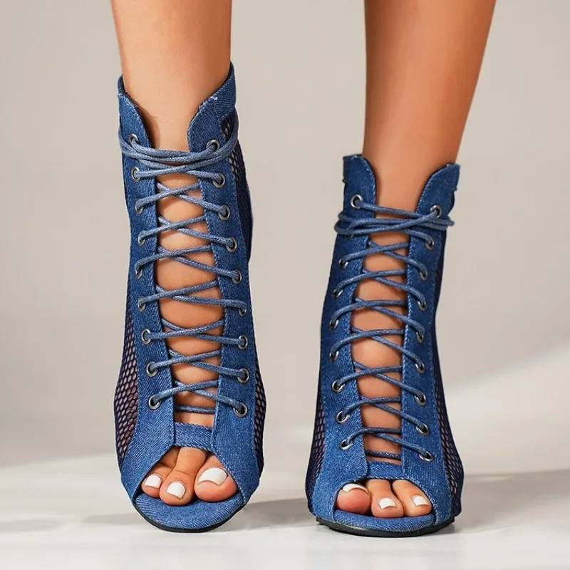 

Denim Paneled Mesh Lace-Up Stiletto Sandals Women's Fashion Round Toe Open Toe Fish Mouth Shoes