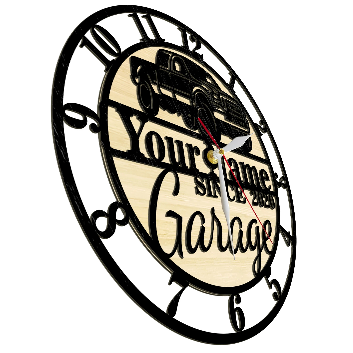 Custom American Car Wooden Wall Clock with Personalized Name for Mancave Garage Mechanic Workshop Rustic Timber Decor Wood Clock