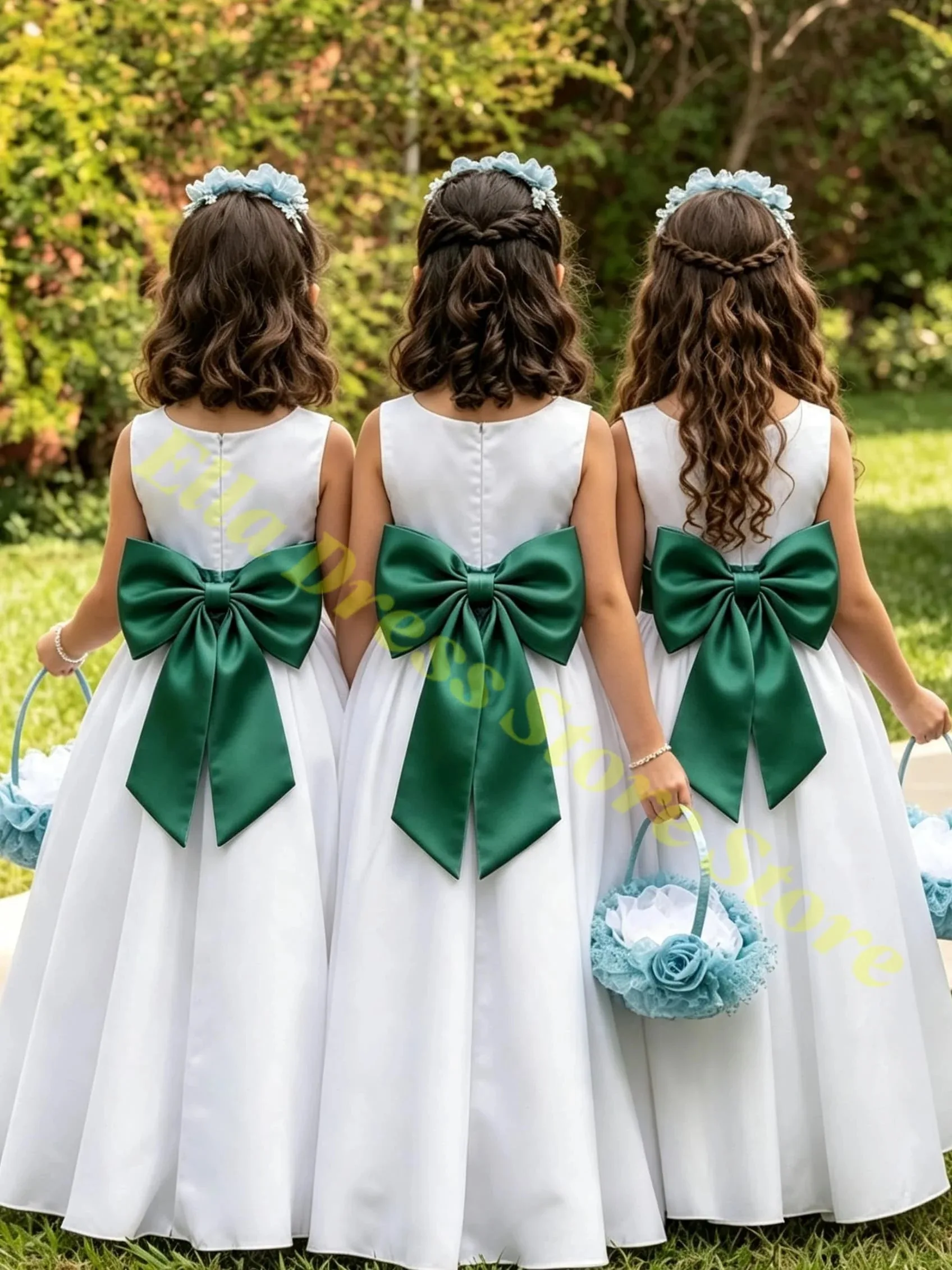 Maßgeschneidertes Elegantes Weißes Blumenmädchenkleid mit Staubig-Rosa Taillengürtel-Schleife für Hochzeitsfeier, Formelles A-Linien-Kleid für Kinder, Großhandel – Detail 4