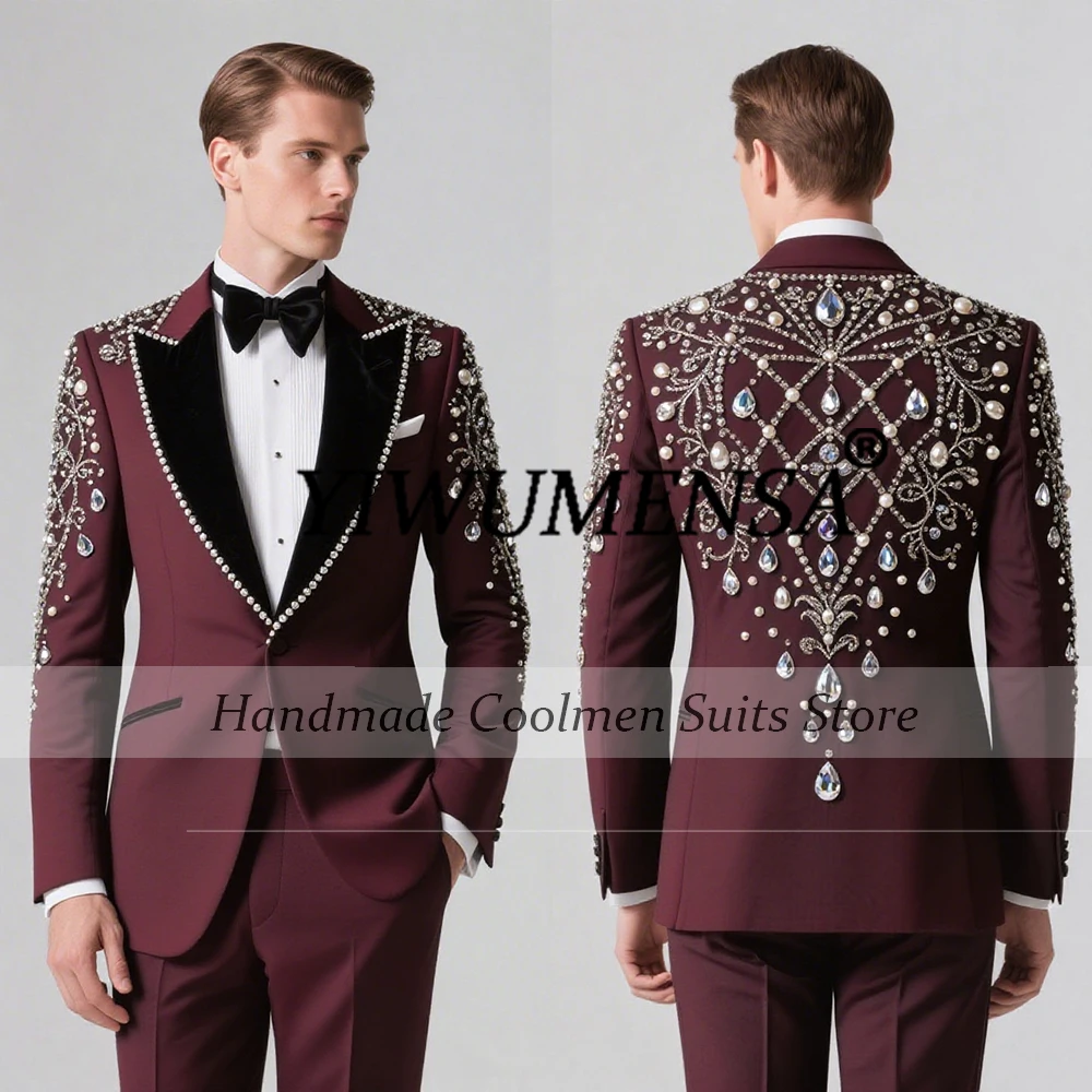 

Sparkling Metal Diamond Men Suit 2 Pieces Set Customized Groom Tuxedo Slim Wedding Prom Blazers Pants Outfit trajes para hombre