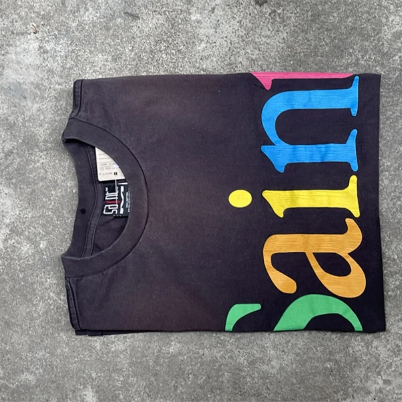 Sain Vintage Crackle Colorful Letters Printed T-Shirt Mens Womens Best Quality Washed Gray Street Clothing T Shirt Tops