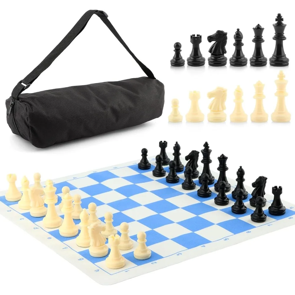 Juego de Ajedrez y Damas Portátil, Tablero de Viaje de 35 cm/13.78 pulgadas, Tapete de Ajedrez para Torneos con Piezas de Ajedrez y Bolsa de Almacenamiento