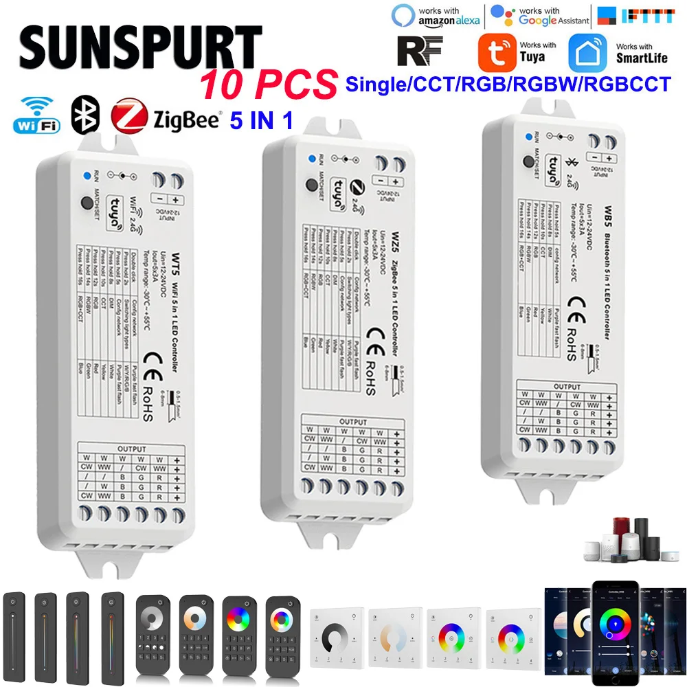 

10 WT/B/Z 5/1 Tuya Smart RGBCCT Controller 12-36V DC5in1 2in1DM RGB CCT RGBW LED Strip Light Touch Panel 2.4G RF Wifi Controller