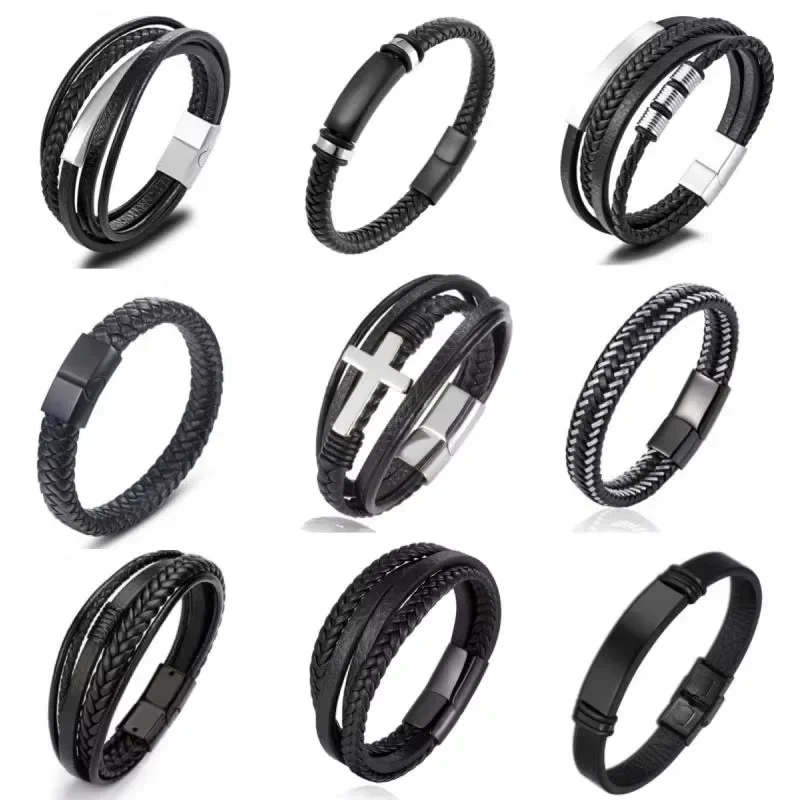 Classic Single Layer Black Hand Braided Leather Bracelet with Metal Magnetic Closure Men\\\'s Business Jewelry