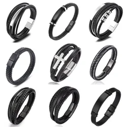 Classic Single Layer Black Hand Braided Leather Bracelet with Metal Magnetic Closure Men\'s Business Jewelry
