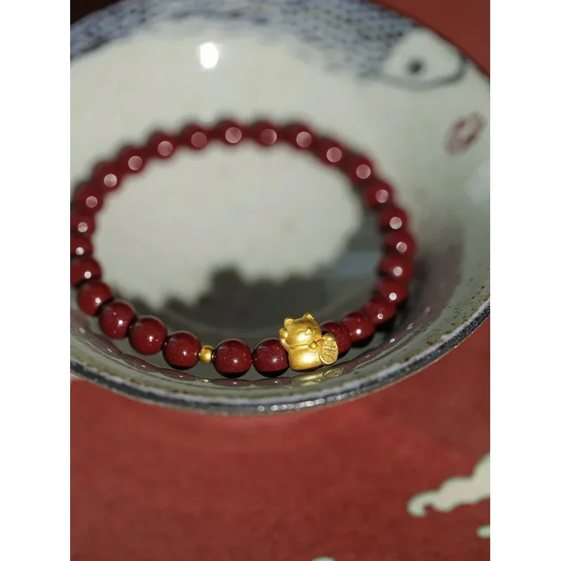 

Natural Raw Ore High Content Cinnabar Purple Gold Sand Handstring Gold Luckie Cat Bracelet This Year Gift for Girlfriend