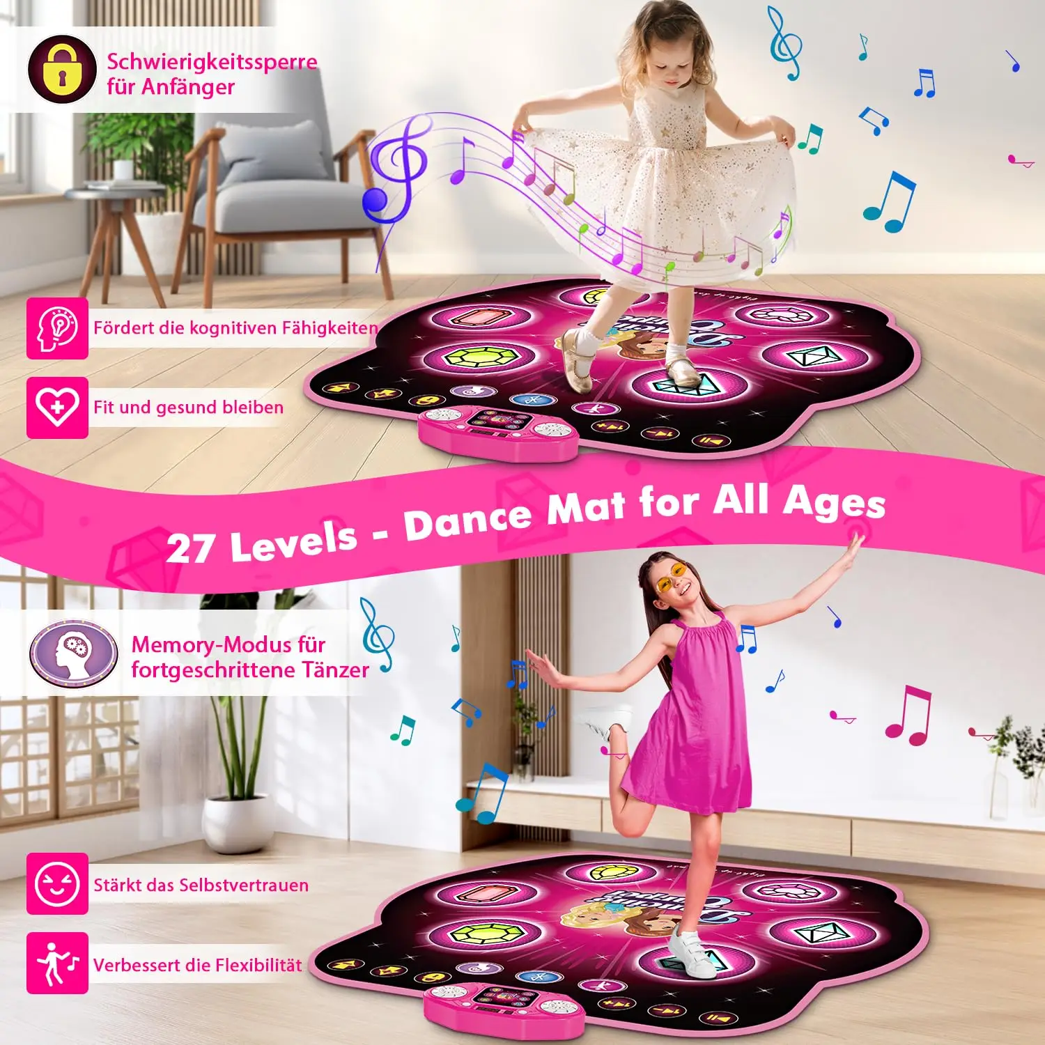 TERRAMUS Dance Mat Light-up Dance Pad Toy with Bluetooth/27 Levels/Memory Challenge/LED/Toys Birthday Gifts for Girls 3+