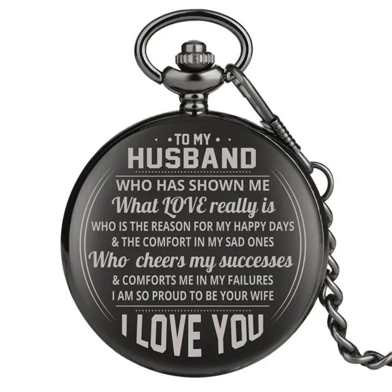Steampunk To My Husband Series Men's Pocket Watch Black Quartz Analog Display Clock Pendant Chain Fob Watches Lover Gift