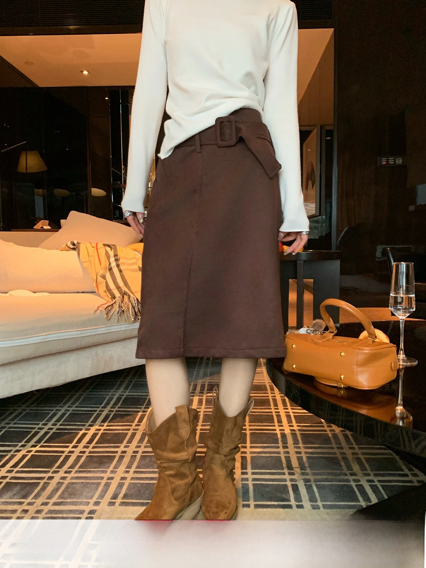 

Женская замшевая юбка миди Anneop с высокой талией и поясом, осенне-зимняя новинка, повседневная, из полиэстера, с эффектом похудения